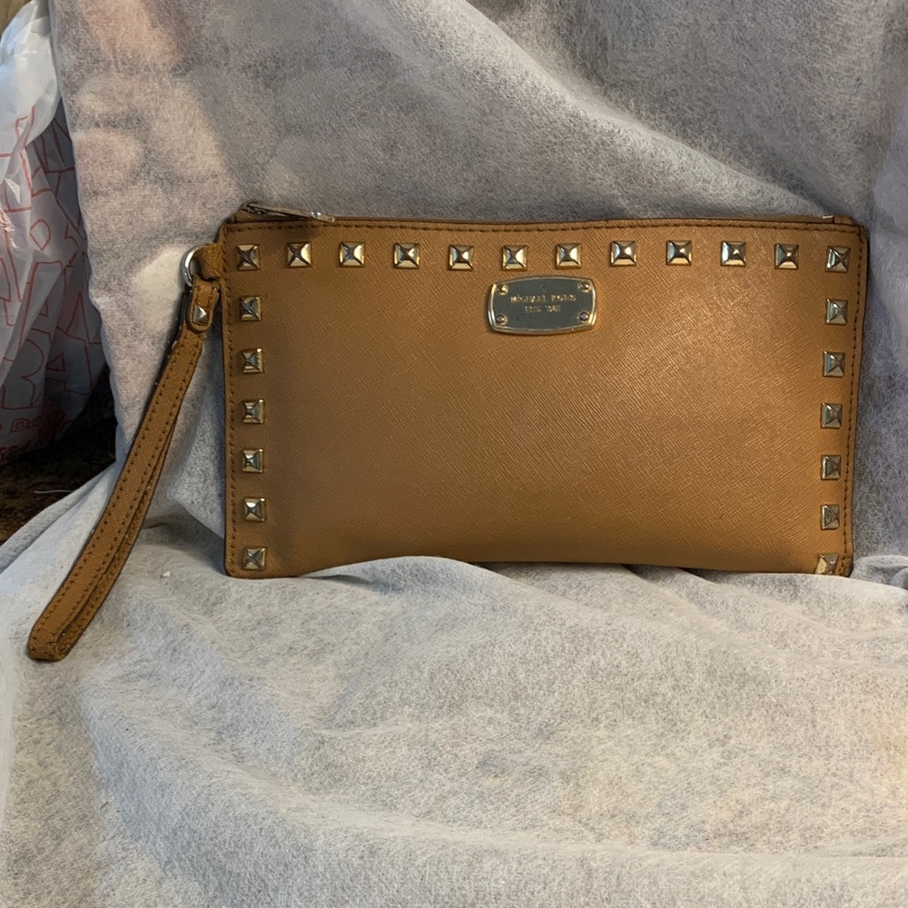 Michael Kors Sandrine  Acorn  Leather  Slim Wristlet /Clutch with Gold Studs
